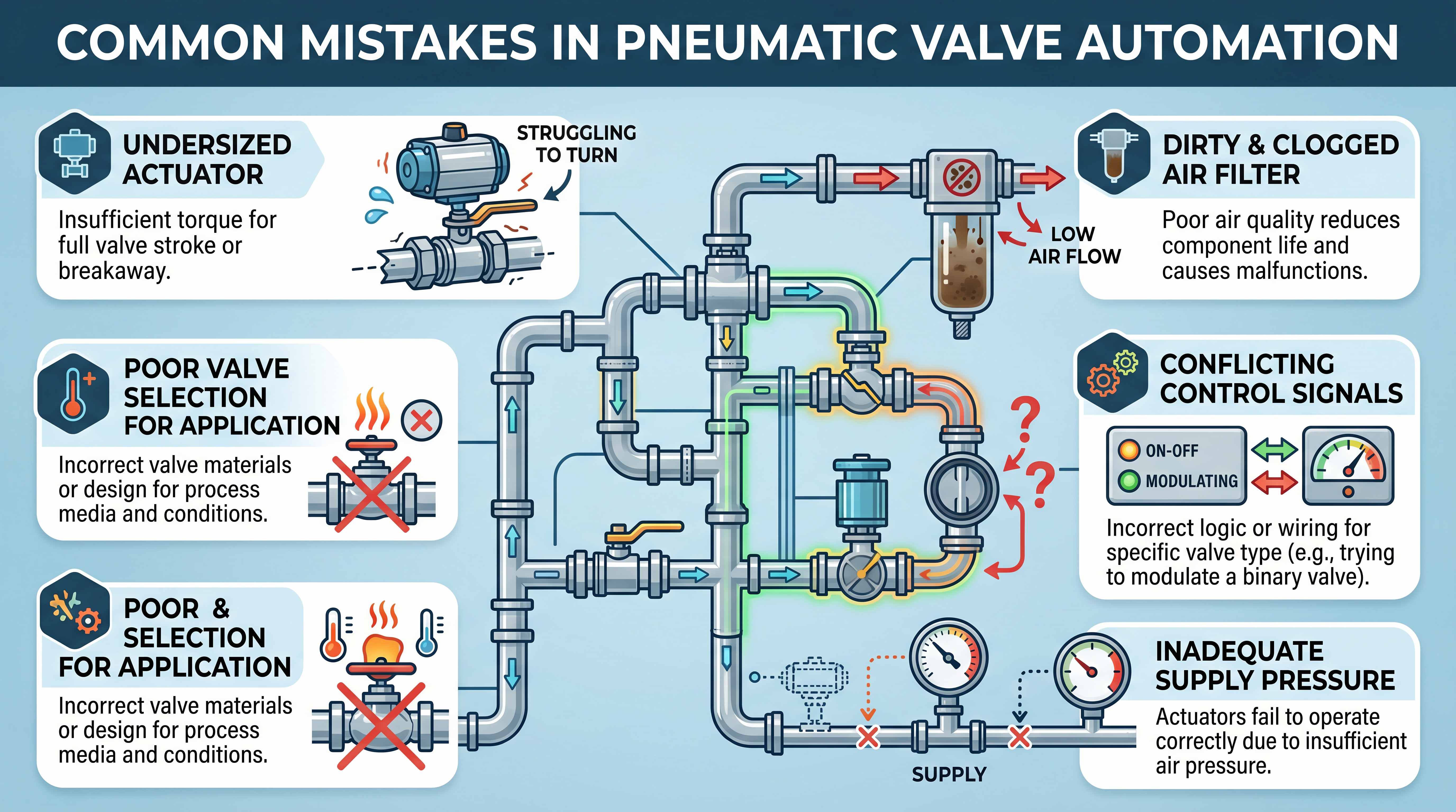 Common mistakes in pneumatic valve automation including undersized actuators, dirty air filters, poor valve selection and low supply pressure
